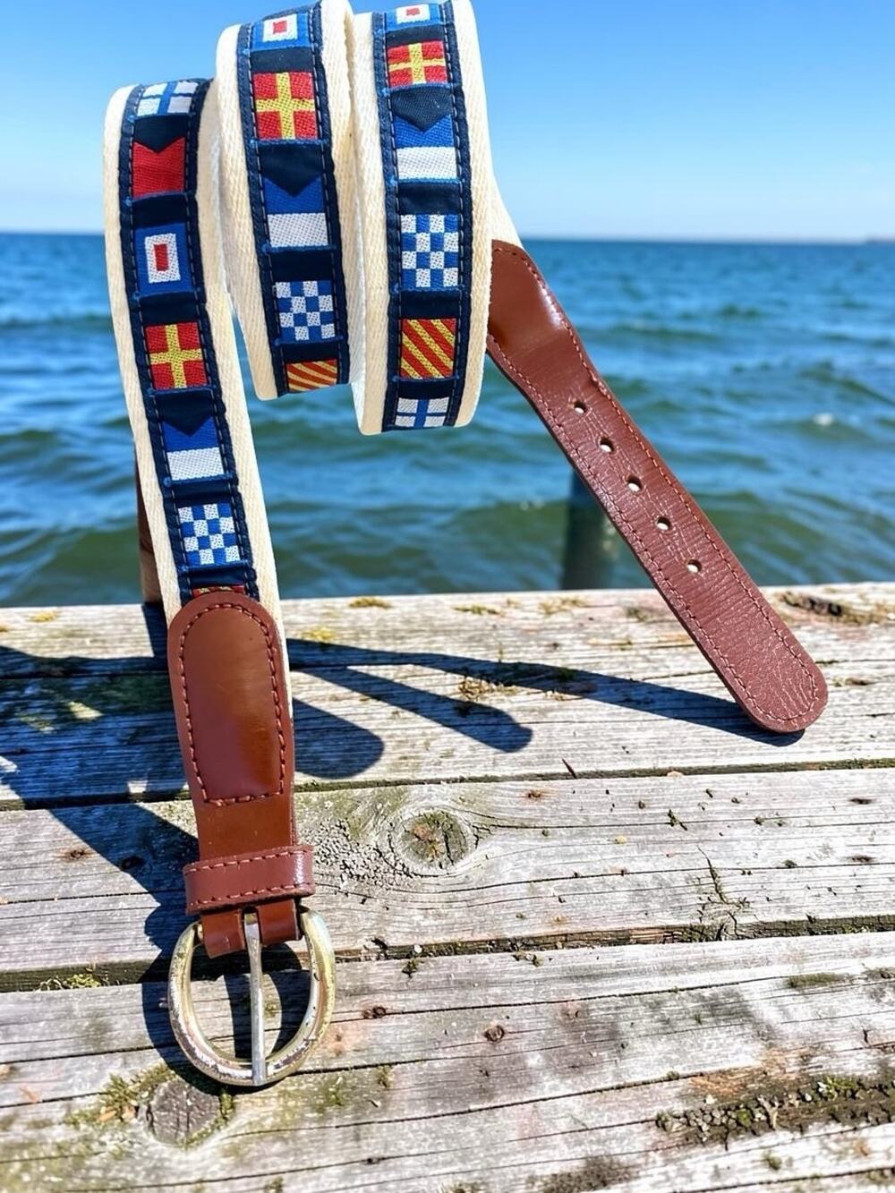Vtg YRI Nautical Code Flag Canvas Leather Belt Brass Buckle Men 44 Maritime USA